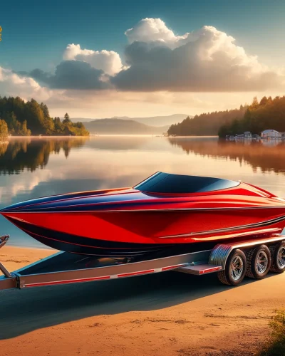 DALL·E 2024-05-03 14.37.52 - A vibrant red speedboat with sleek, aerodynamic lines is mounted on a gray trailer, parked on a sandy lakeside. The lake reflects a clear blue sky and